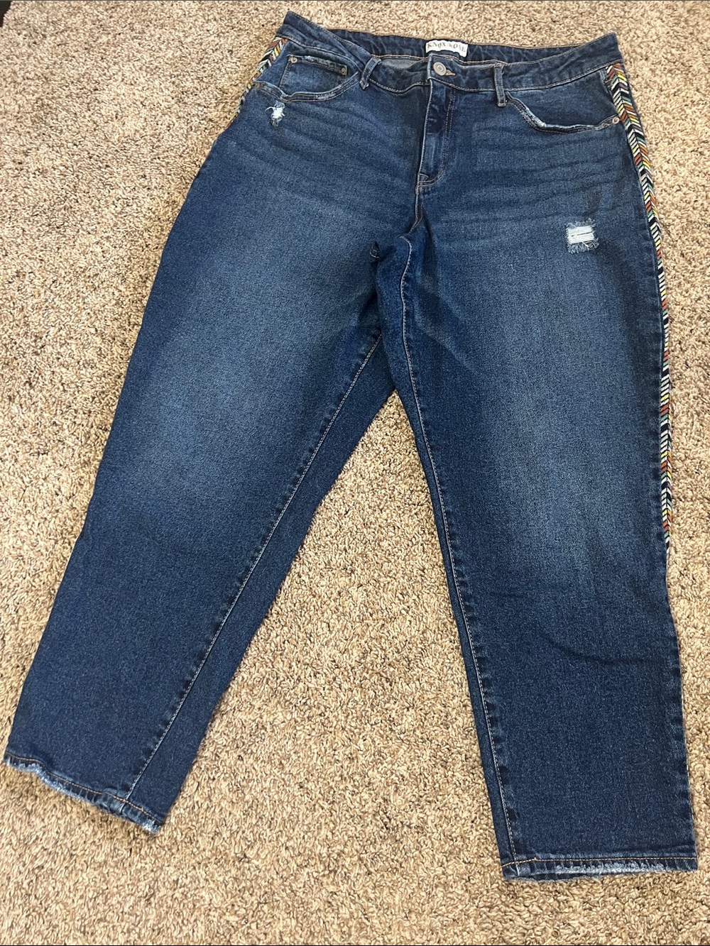 Knox Rose Dark Blue Straight Leg Jeans with Multicolor Side Trim